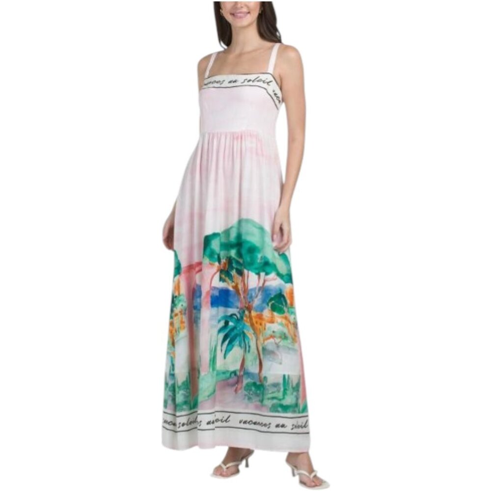 WHITE CLOSET Linen Blend Sleeveless Watercolor Maxi Dress